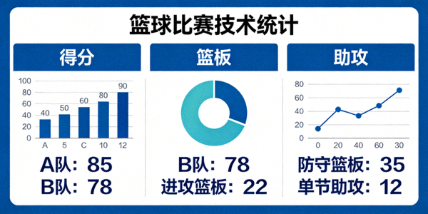 篮球比赛技术统计面板，显示得分、篮板、助攻等核心数据