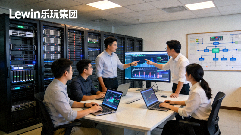 Lewin乐玩集团团队成员在数据中心进行数据分析与讨论的工作场景