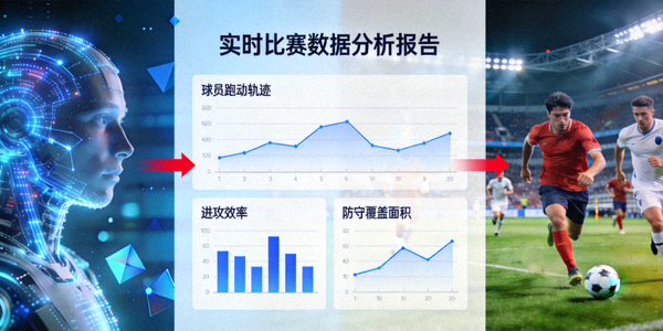 人工智能AI模型正在分析体育比赛画面并生成数据报告的可视化概念图